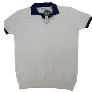 OXKNITSTORE Knit Polo Mens 3XL New White Navy Retro 60s 70s Textured Mod Shirt